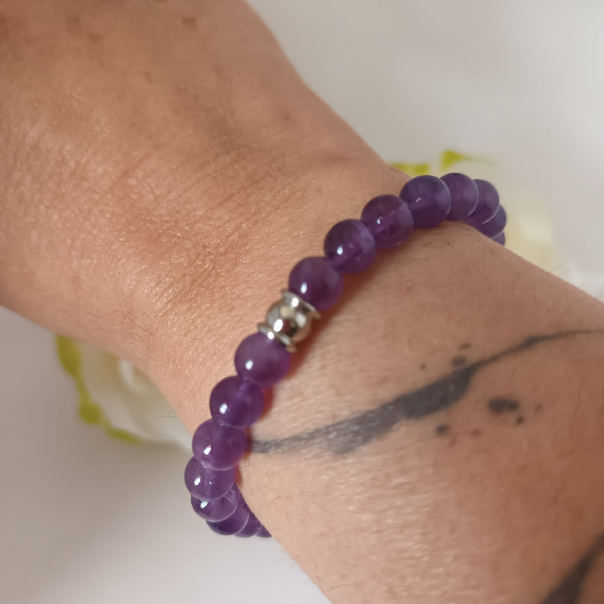 Bracelet améthyste 6 mm - perle acier inox - élastique 16 cm