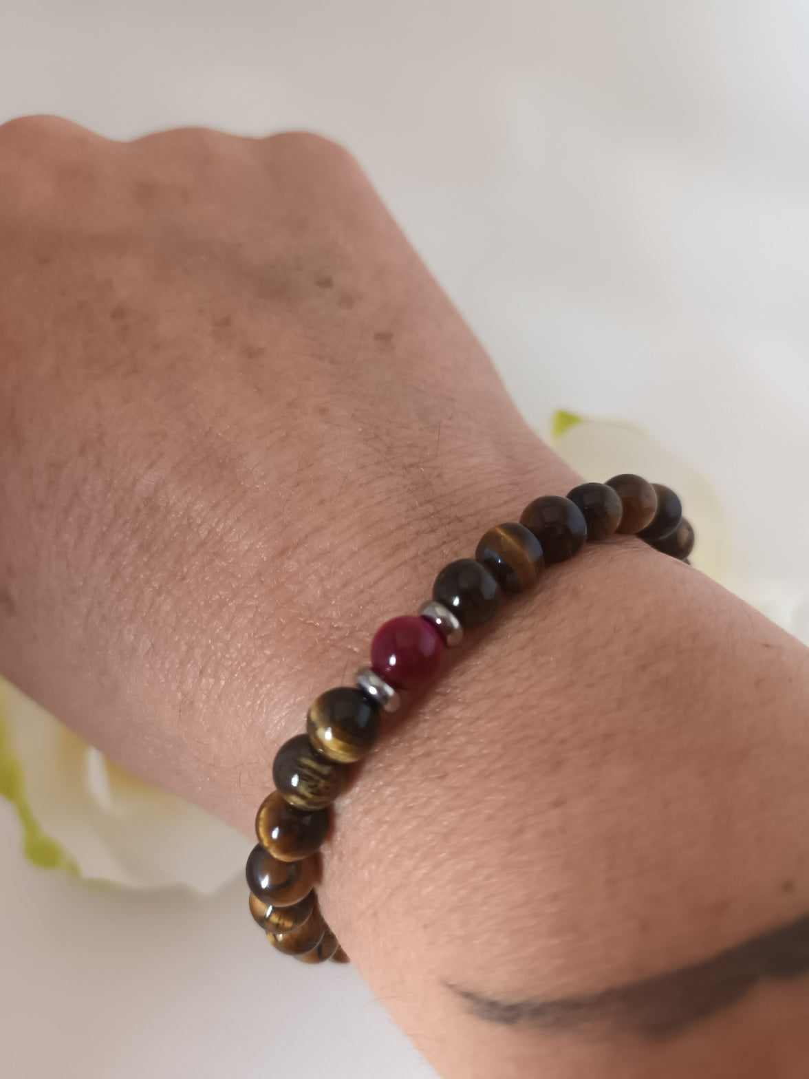 Bracelet œil de tigre 6 mm et perle œil de tigre rose - perle acier inox - élastique 15 cm