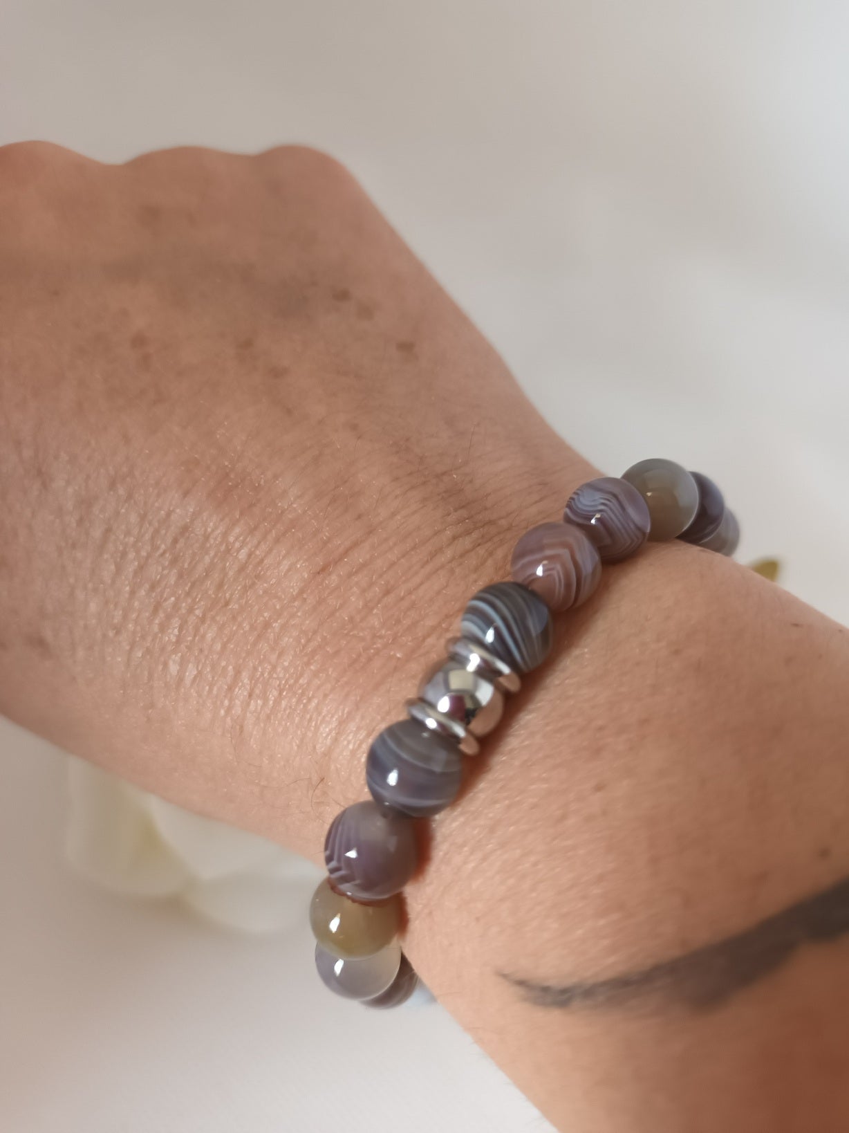 Bracelet agate Botswana 8 mm - perle acier inox - élastique 15 cm