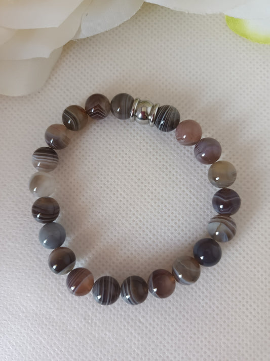 Bracelet agate Botswana 8 mm - perle acier inox - élastique 15 cm