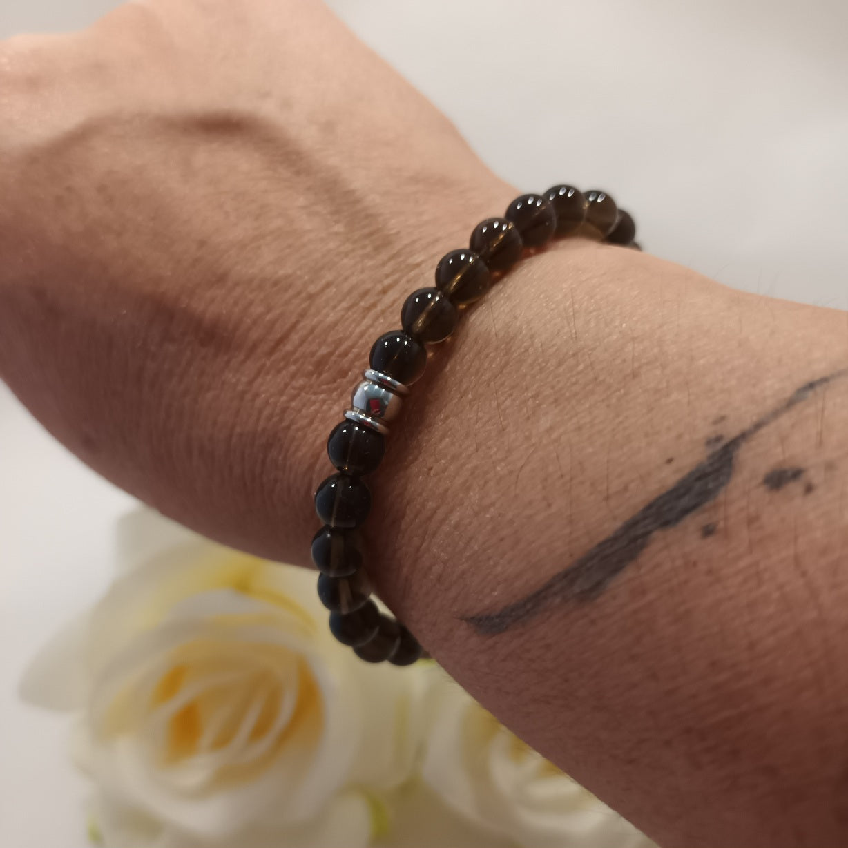 Bracelet quartz fumé 6 mm - perle acier inox