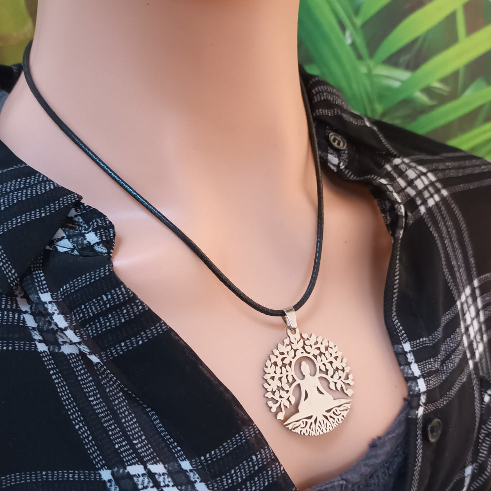 Pendentif Bouddha & Arbre de Vie argent - acier inoxydable - 3,5 cm