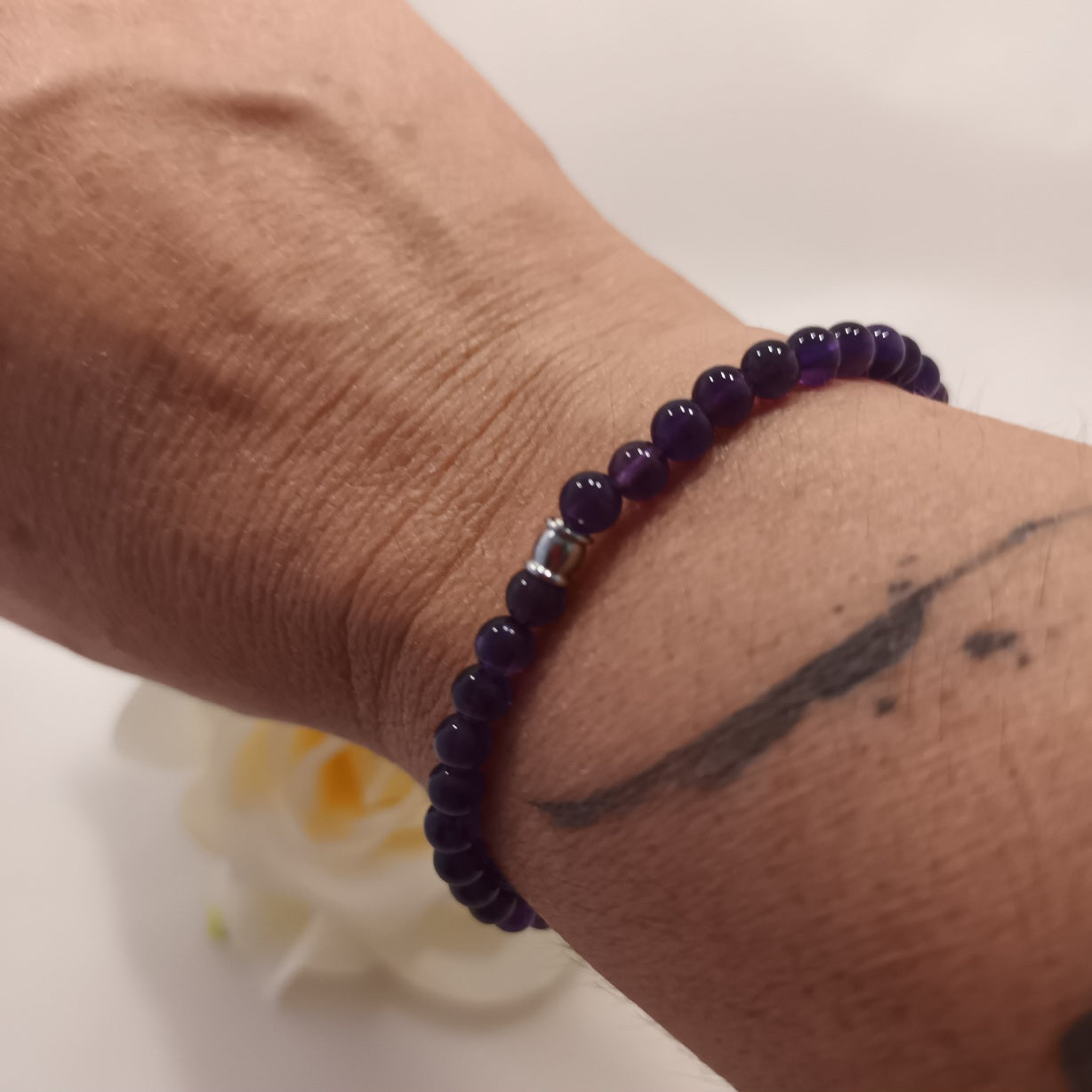 Bracelet améthyste 4 mm - perle acier inox - élastique 16 cm
