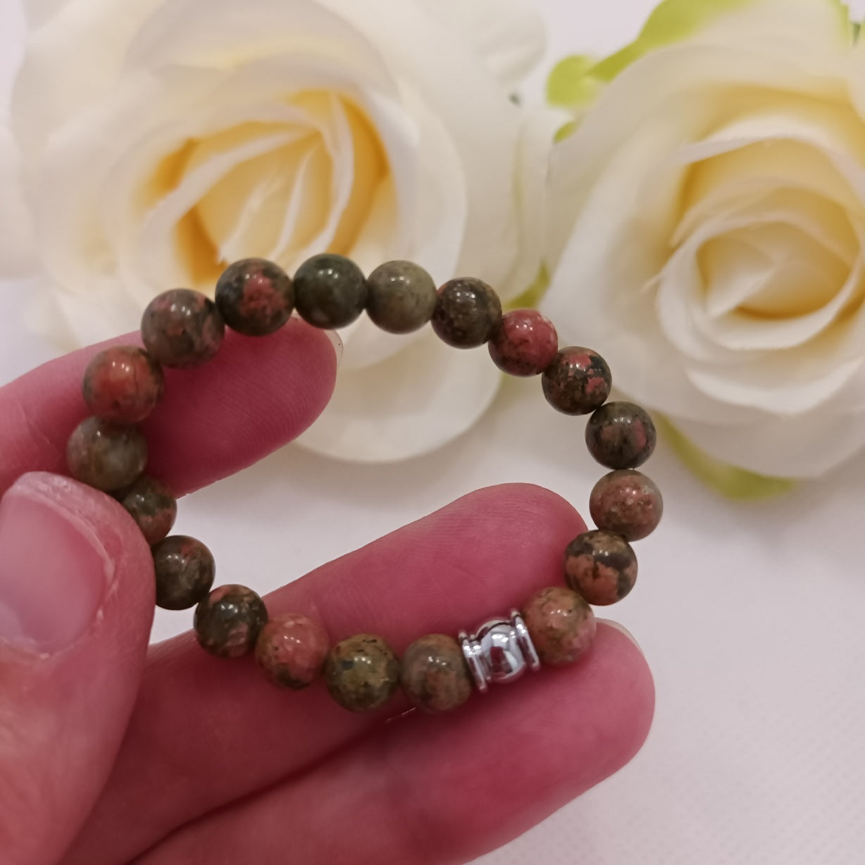 Bracelet unakite 6 mm - perle acier inox - élastique 11 cm - enfant