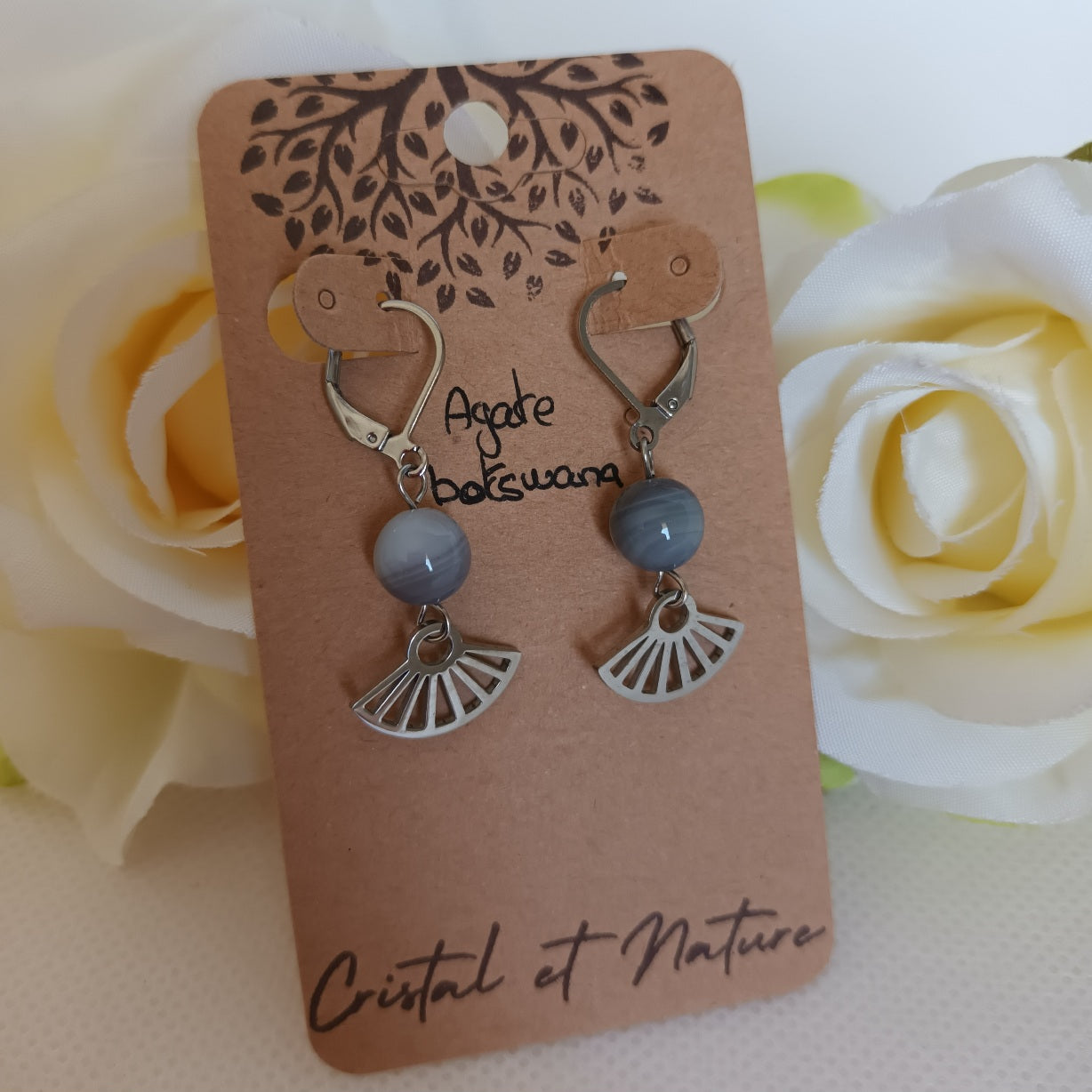 Boucles d’oreilles agate Botswana - acier inoxydable - 3,9 × 1,5 cm