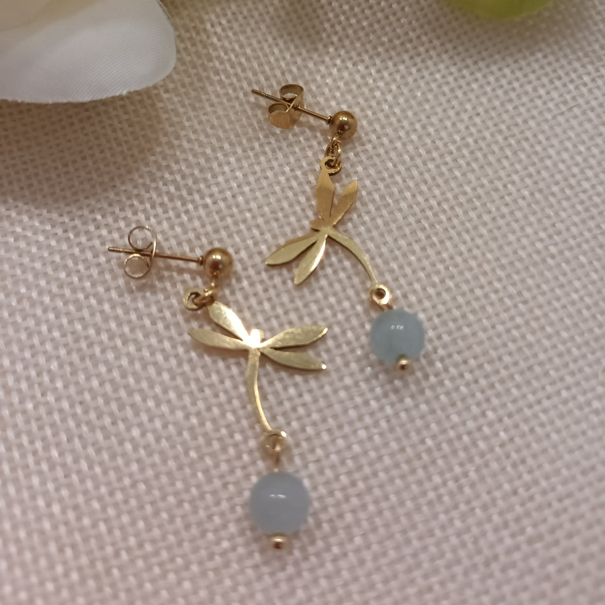 Boucles d’oreilles aigue‑marine - motif libellule - acier inoxydable - 4 × 1,5 cm