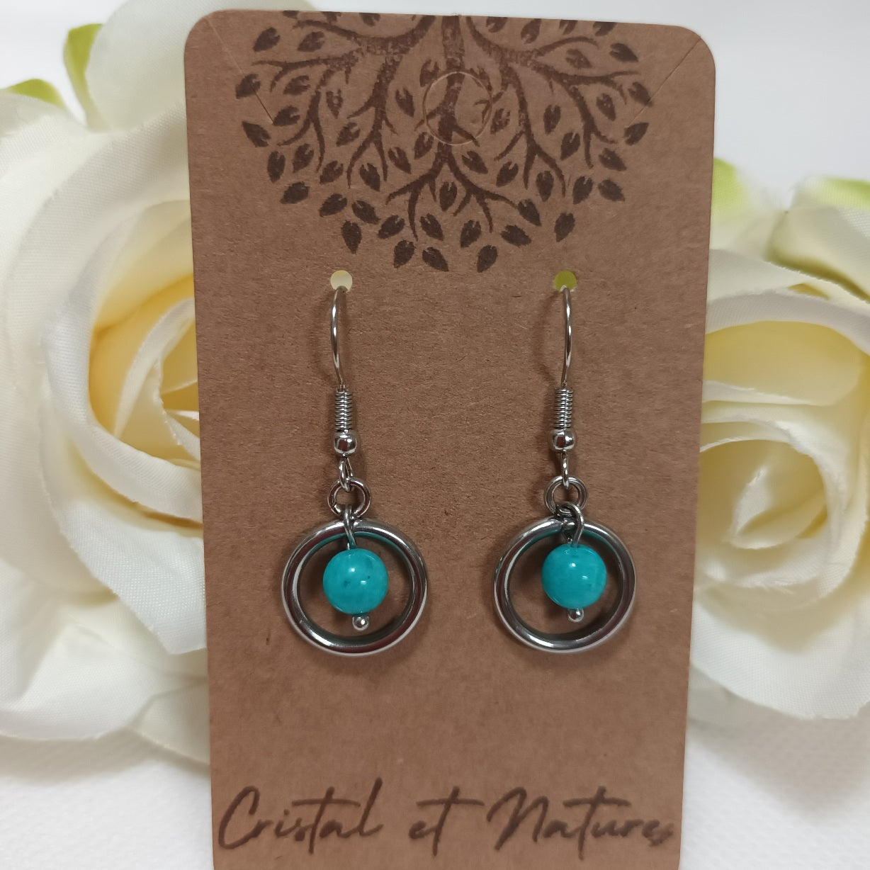 Boucles d’oreilles amazonite du Pérou - acier inoxydable - 3,8 × 1,5 cm