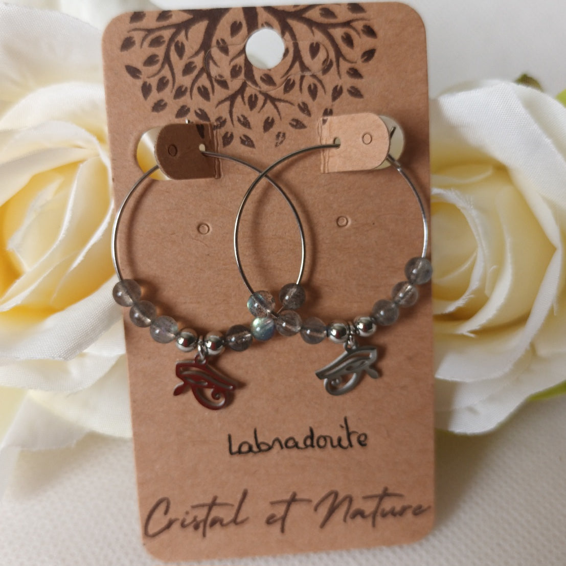 Boucles d’oreilles labradorite - motif troisième œil - anneaux 3 cm - acier inoxydable