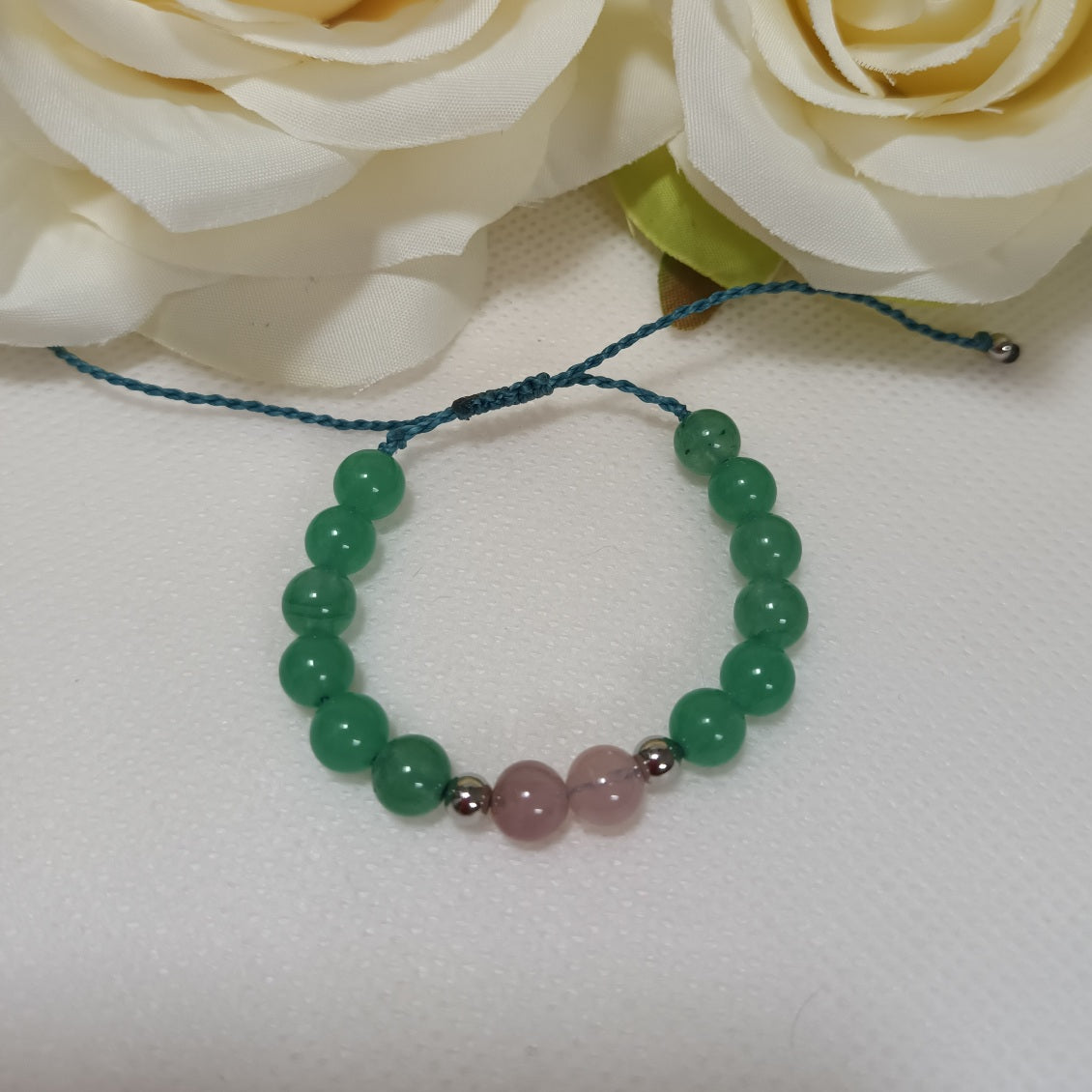 Bracelet aventurine verte & quartz rose 6 mm - ajustable - enfant