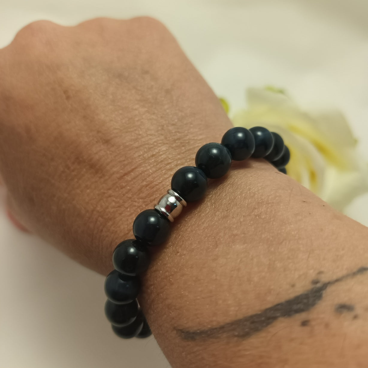 Bracelet œil de faucon 8 mm - perle acier inox - élastique 15 cm