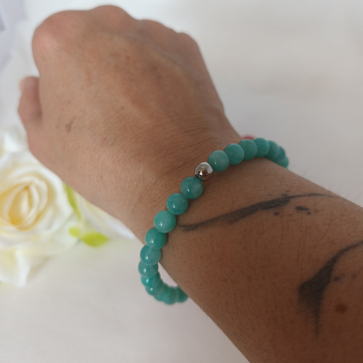 Bracelet amazonite du Pérou 6 mm - perle acier inox - élastique 17 cm
