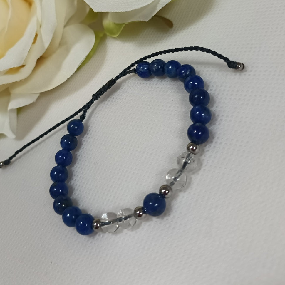 Bracelet lapis‑lazuli & cristal de roche 6 mm - perles acier inox - ajustable