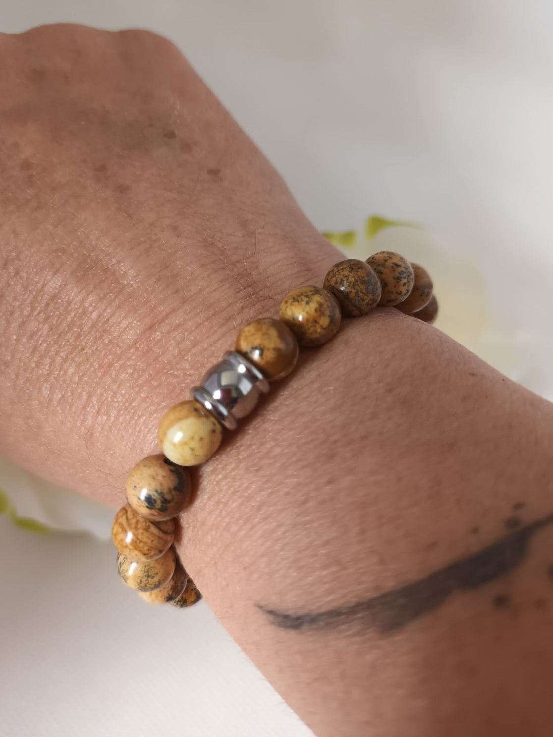 Bracelet jaspe paysage 8 mm - perle acier inox - élastique 15,5 cm