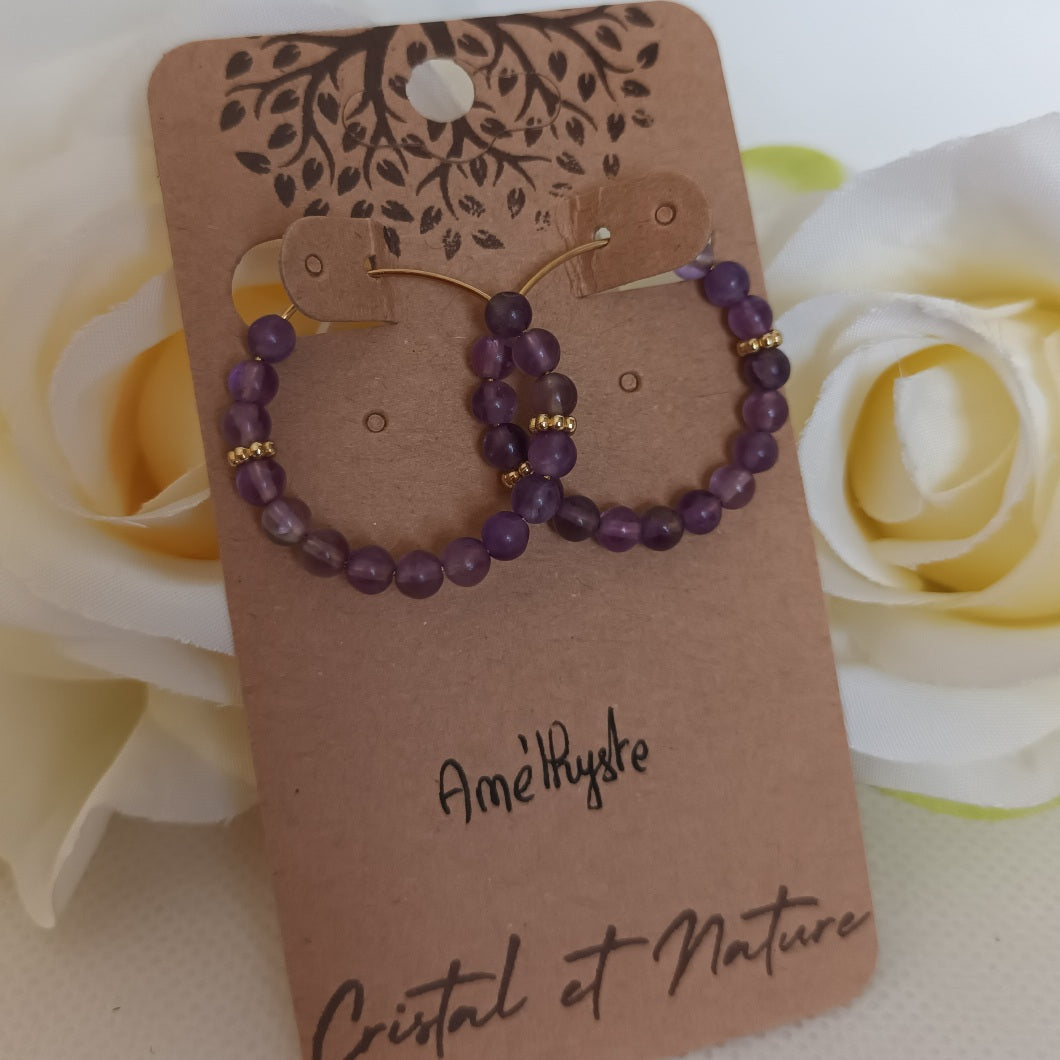 Boucles d’oreilles améthyste - anneaux 2,7 cm - acier inoxydable