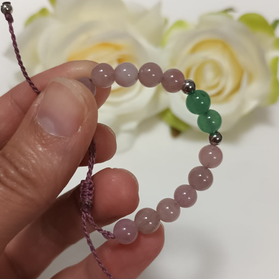 Bracelet quartz rose de Madagascar & 2 perles aventurine verte 6 mm - réglable - enfant