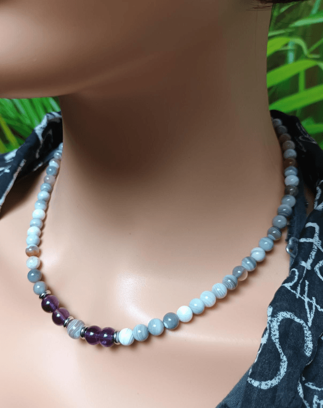 Collier en agate botswana et améthyste