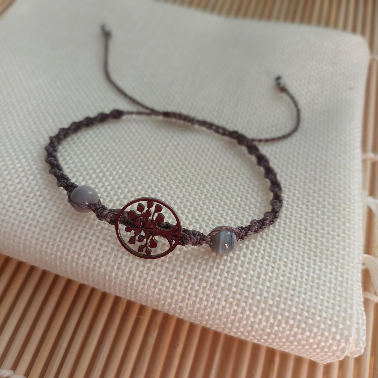 Bracelet micro‑macramé arbre de vie argent – agate Botswana 6 mm – ajustable
