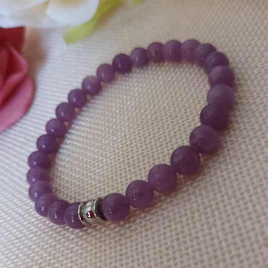 Bracelet lépidolite 6 mm - perle acier inox - élastique 15 cm
