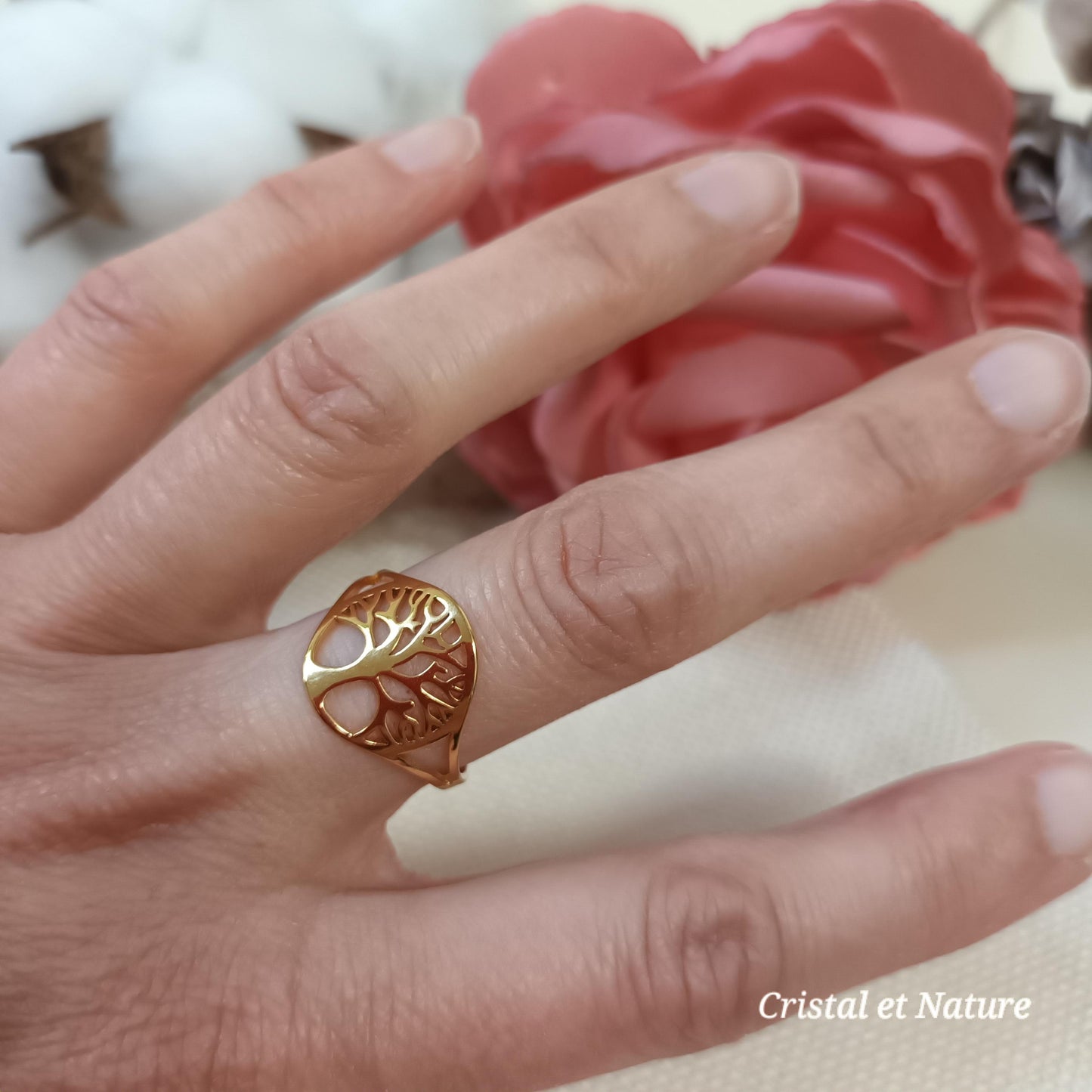 Bague arbre de vie réglable – acier inoxydable doré