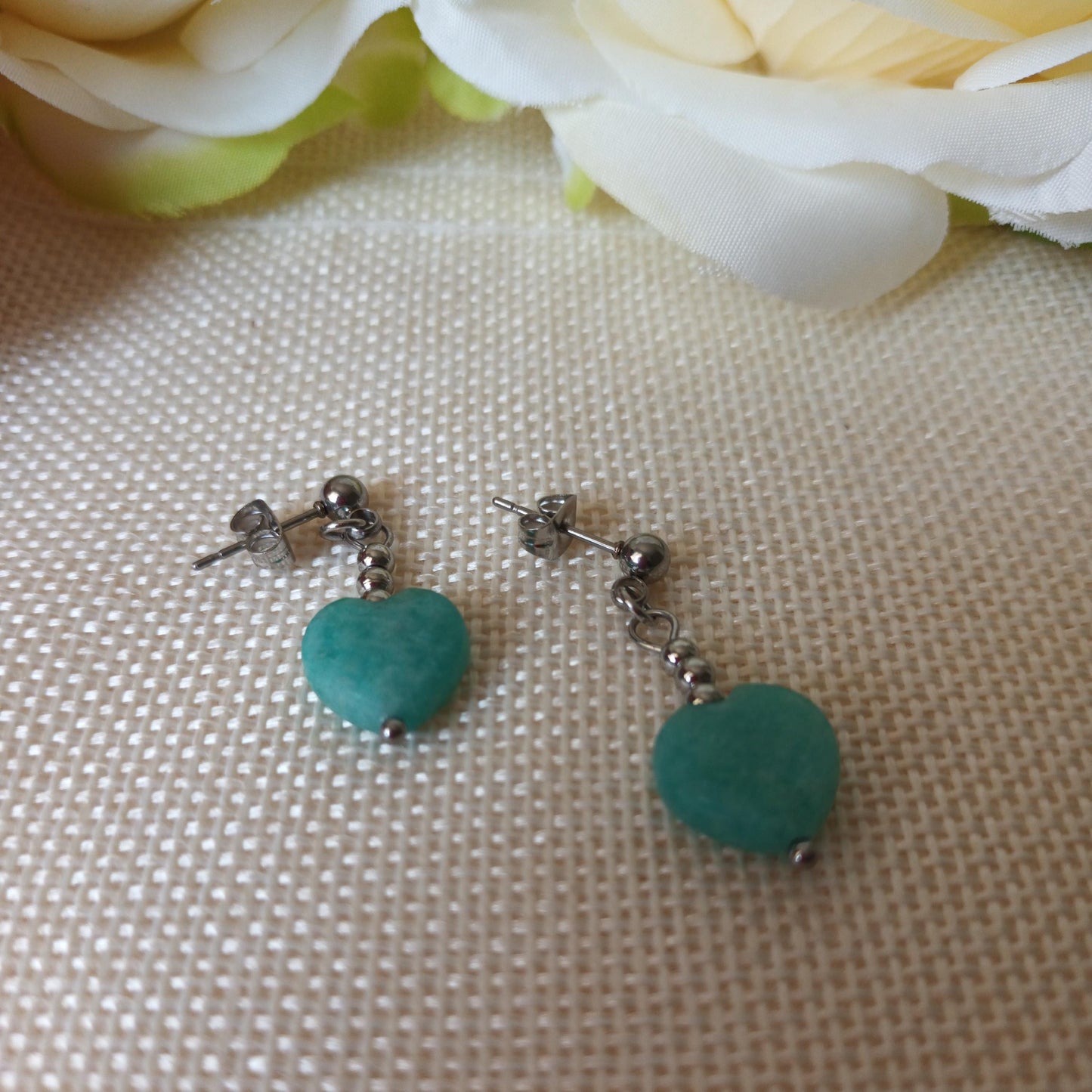 Boucles d’oreilles amazonite - cœur - acier inox - 3,2 cm
