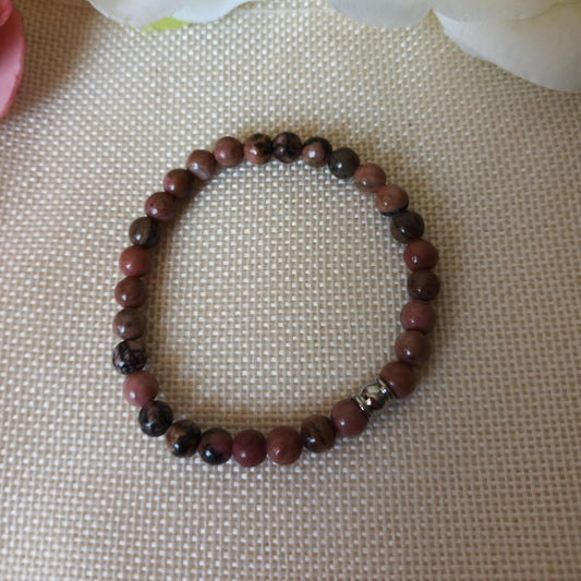 Bracelet rhodonite 6 mm - perle acier inox - élastique