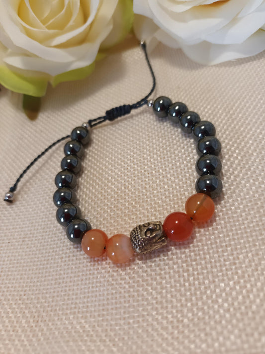 Bracelet hématite et cornaline 8 mm - Bouddha acier inox - réglable