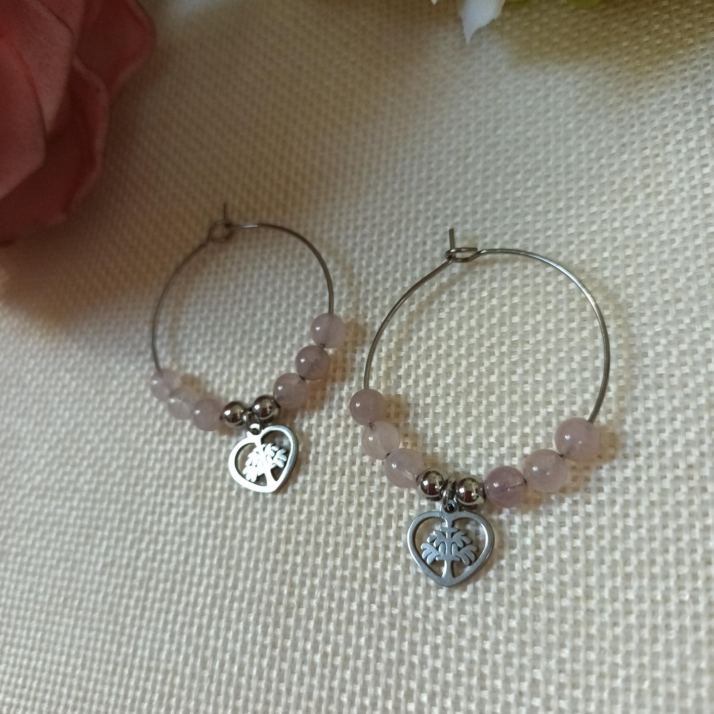 Boucles d’oreilles quartz rose - anneaux - acier inox argent - 4 × 3 cm