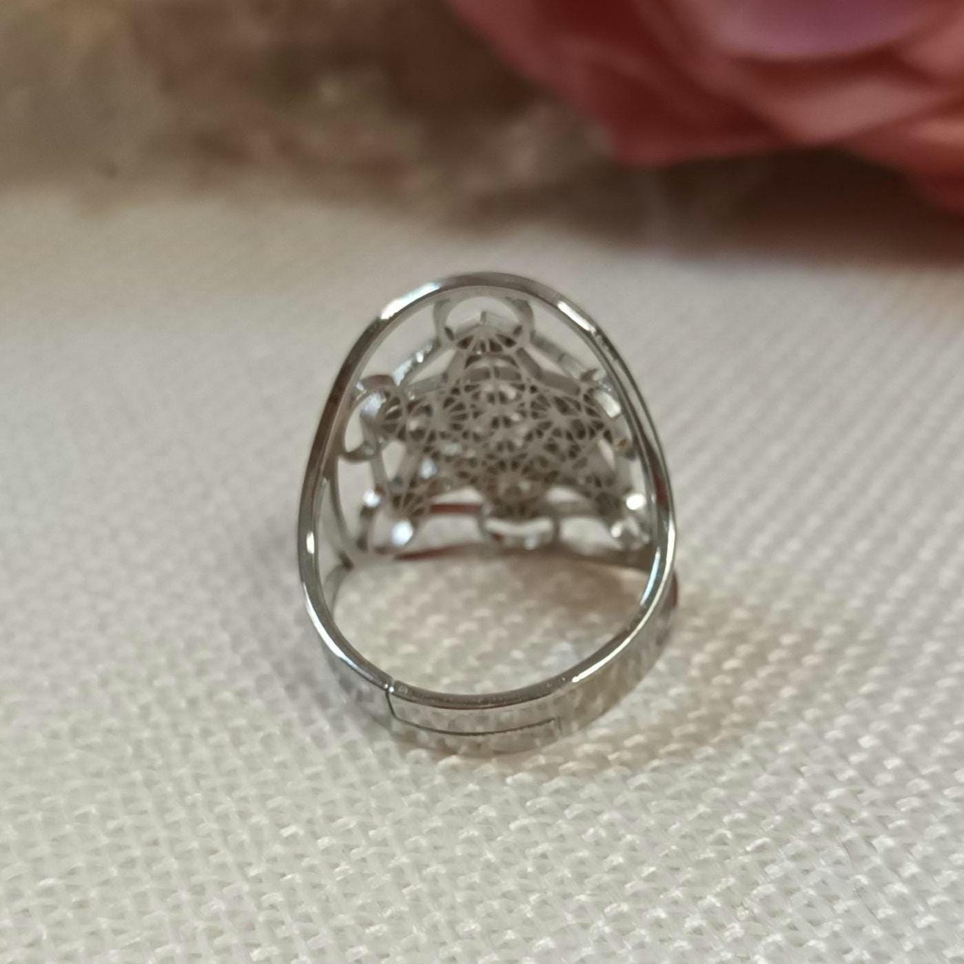 Bague cube de Métatron réglable – acier inoxydable argenté – géométrie sacrée