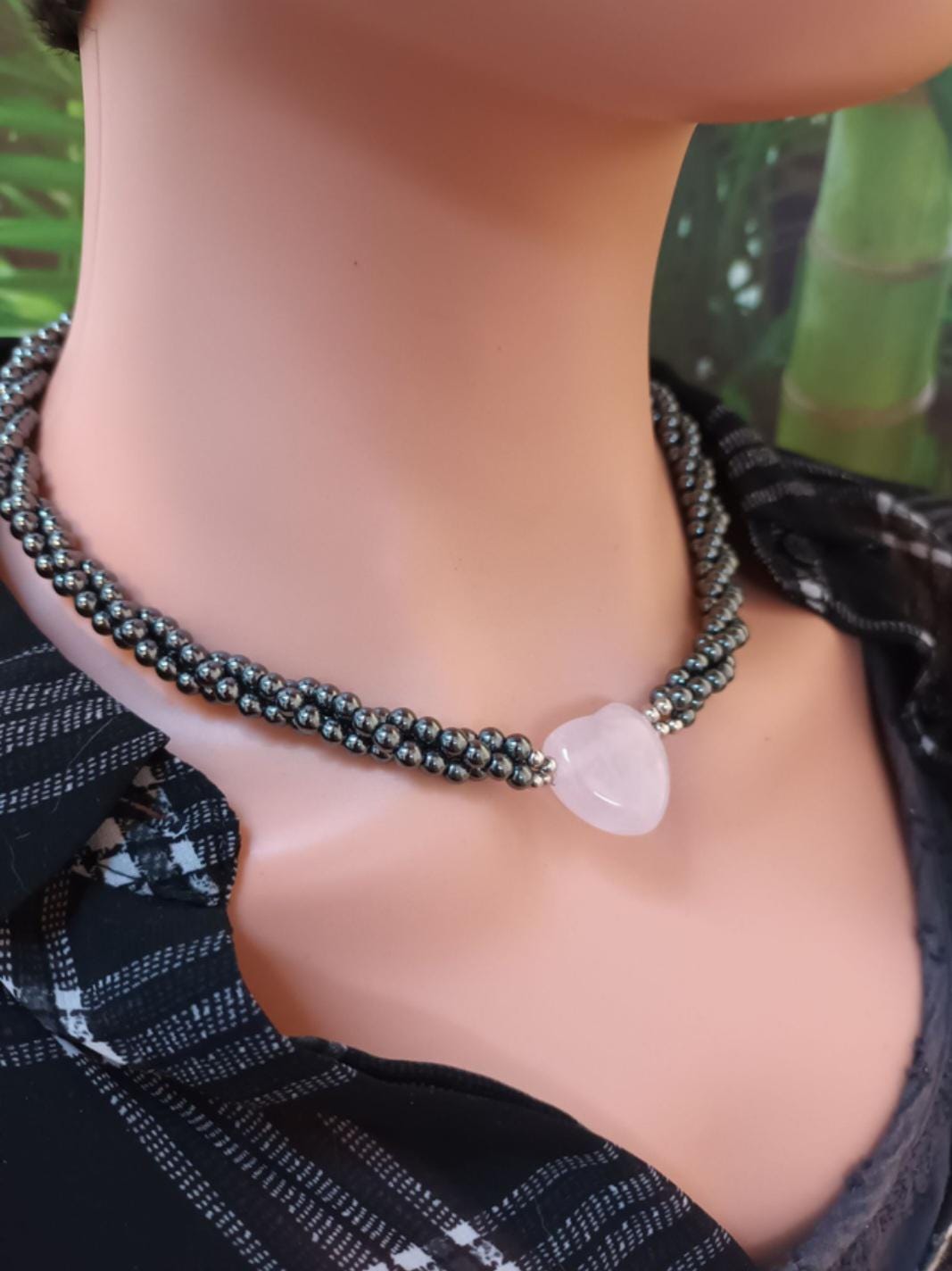 Collier quartz rose et hématite – cœur central – acier inoxydable