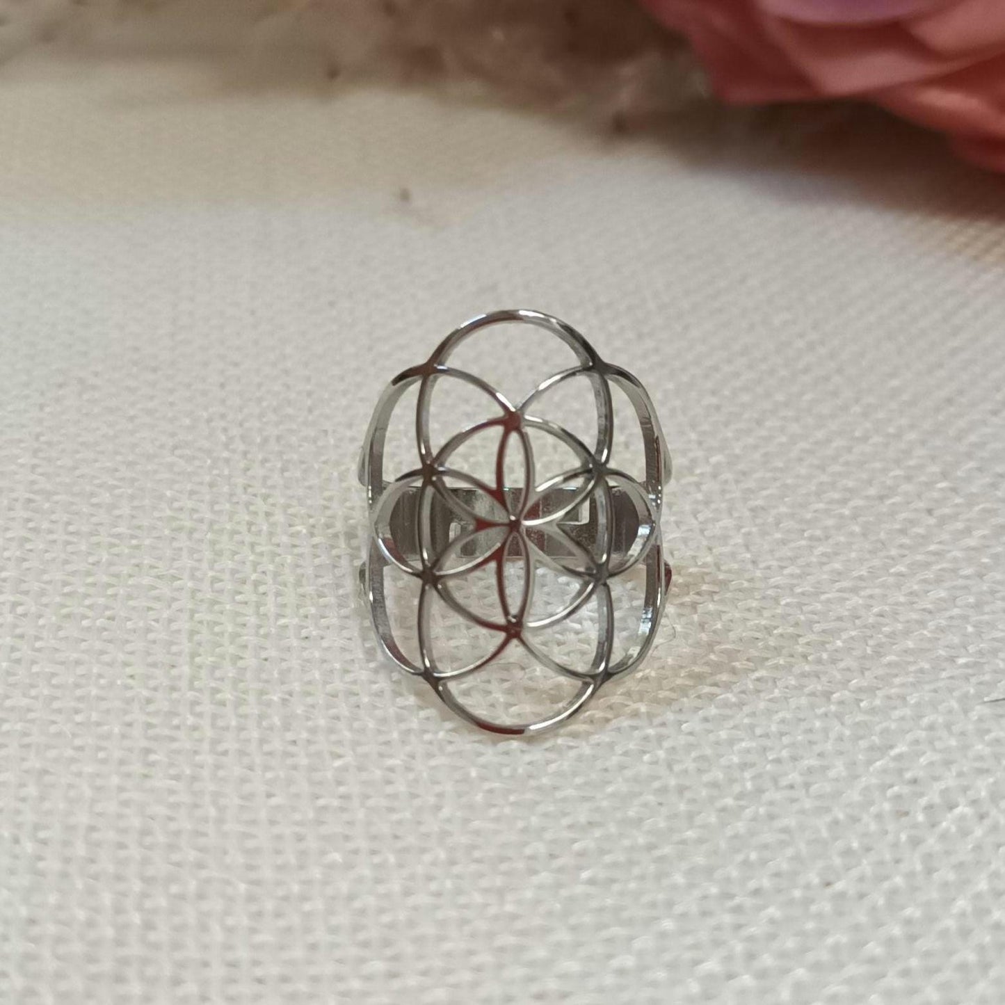 Bague fleur de vie réglable – acier inoxydable argenté
