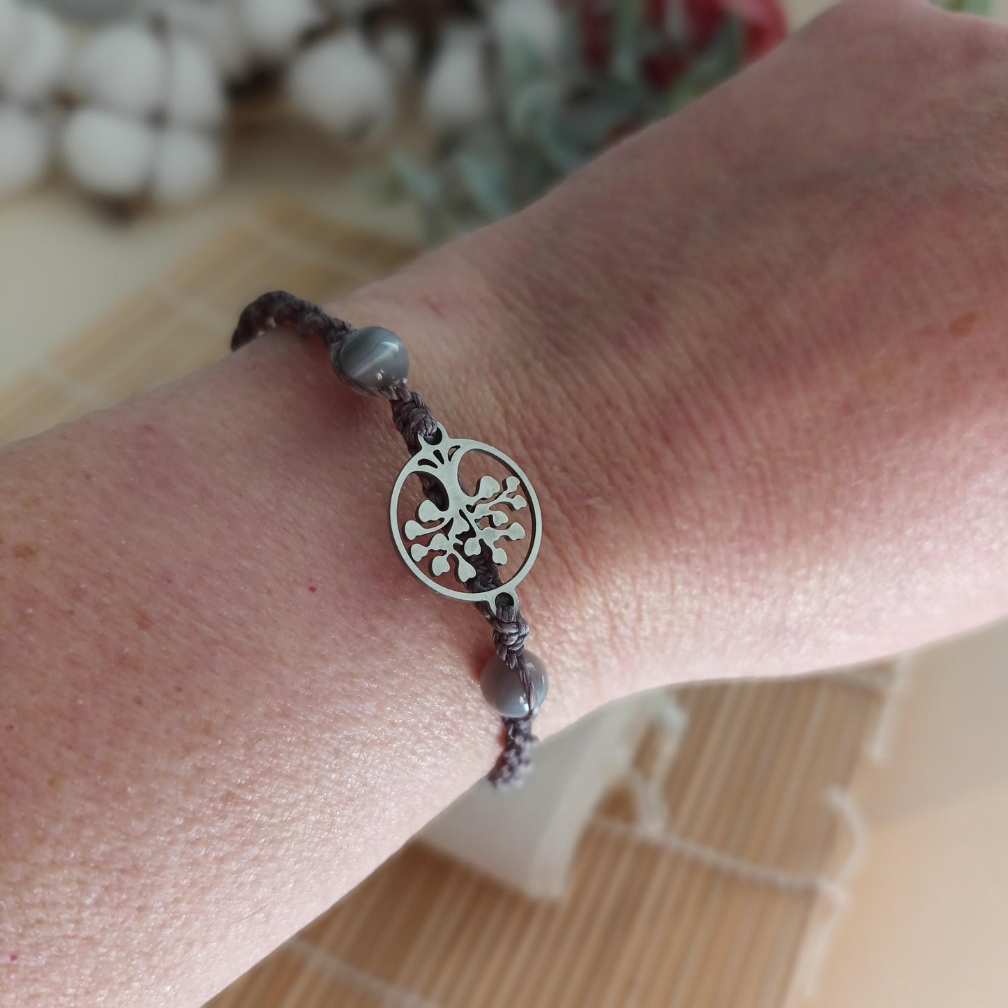 Bracelet micro‑macramé arbre de vie argent – agate Botswana 6 mm – ajustable