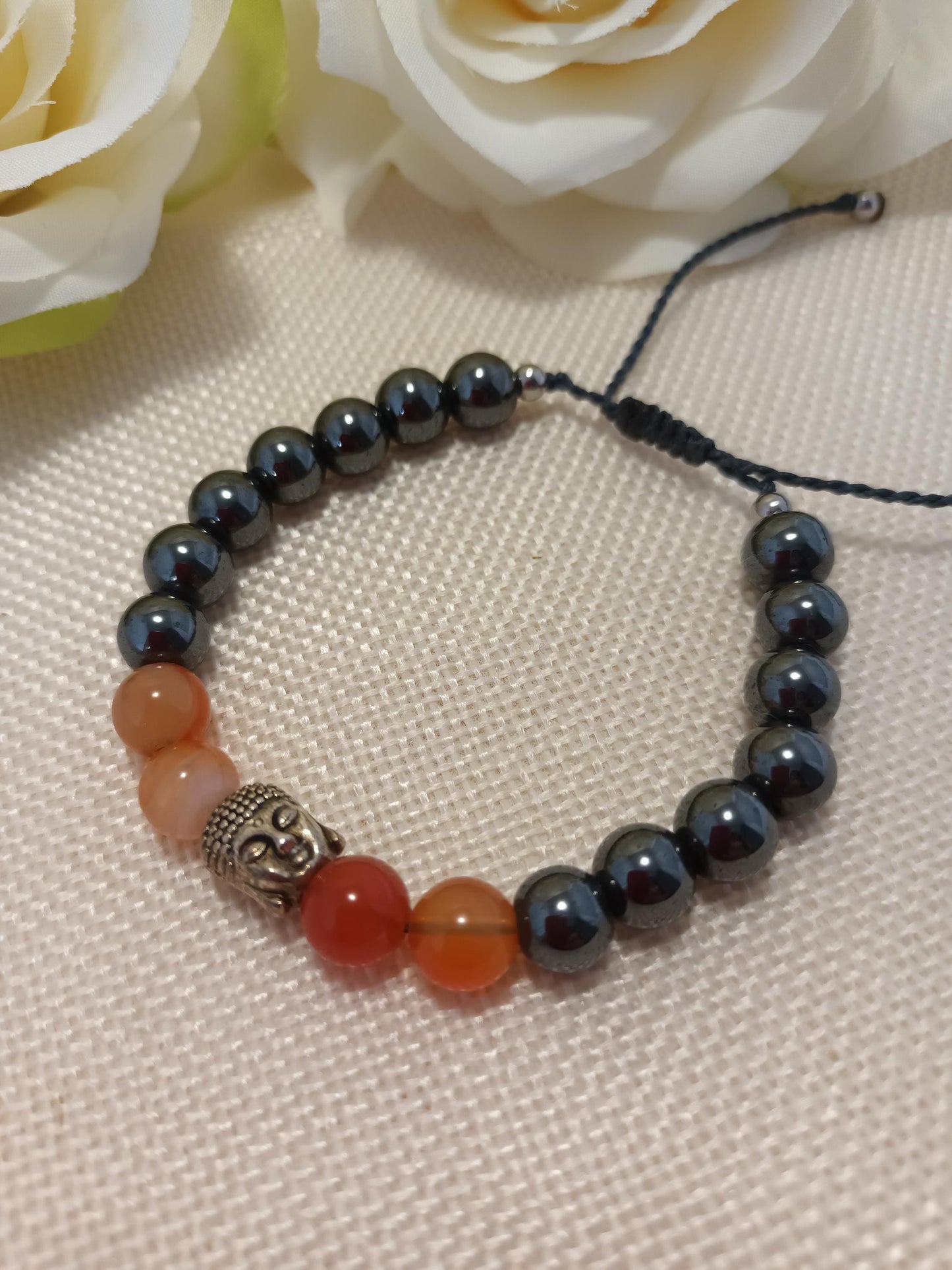 Bracelet hématite et cornaline 8 mm - Bouddha acier inox - ajustable