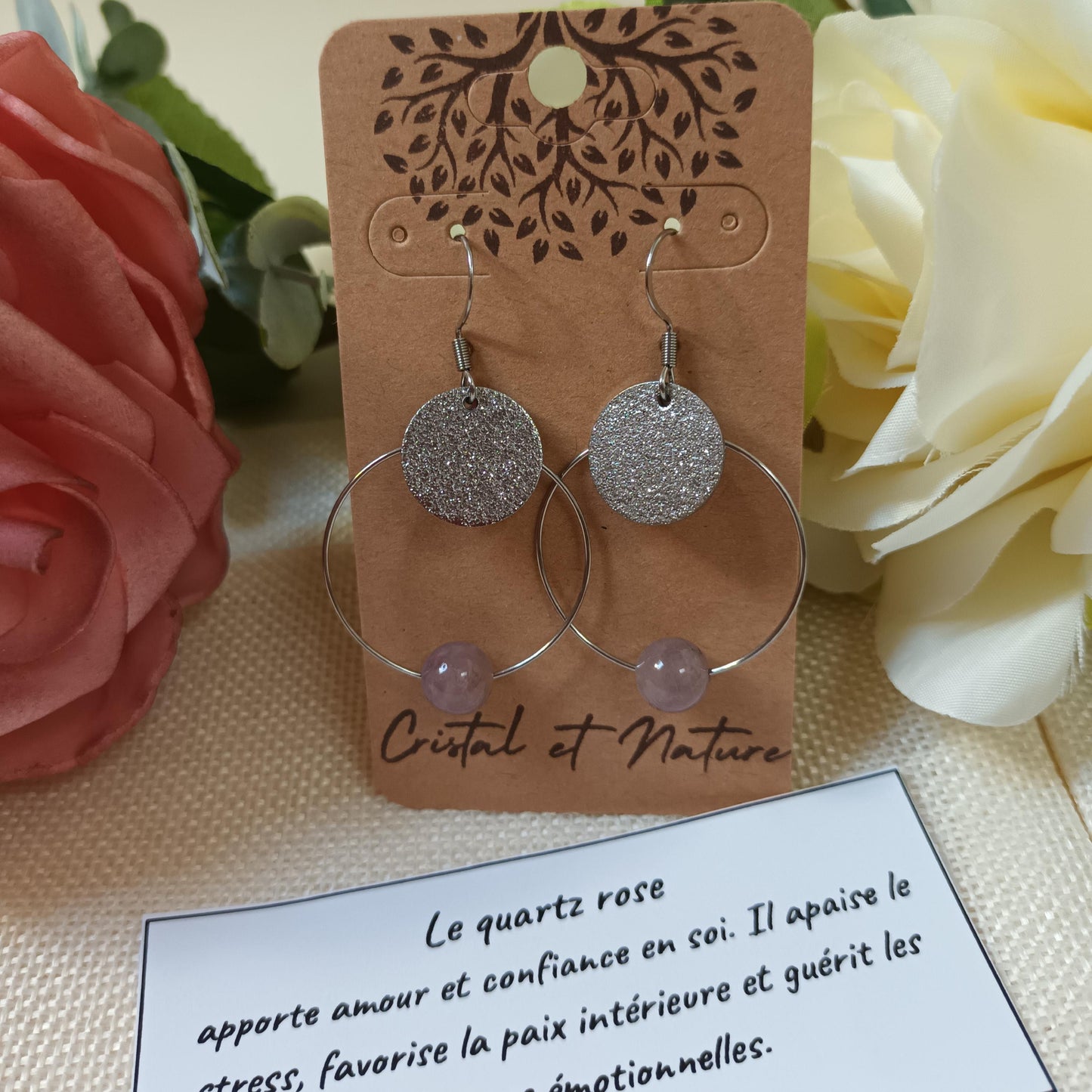 Boucles d’oreilles anneau quartz rose Madagascar - acier inox - 5 × 3 cm