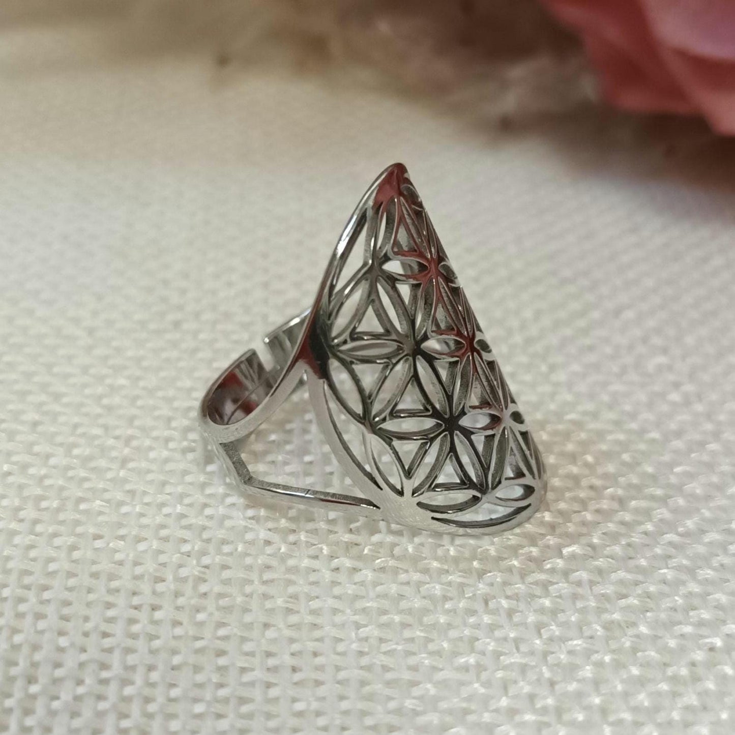 Bague fleur de vie réglable – acier inoxydable argenté