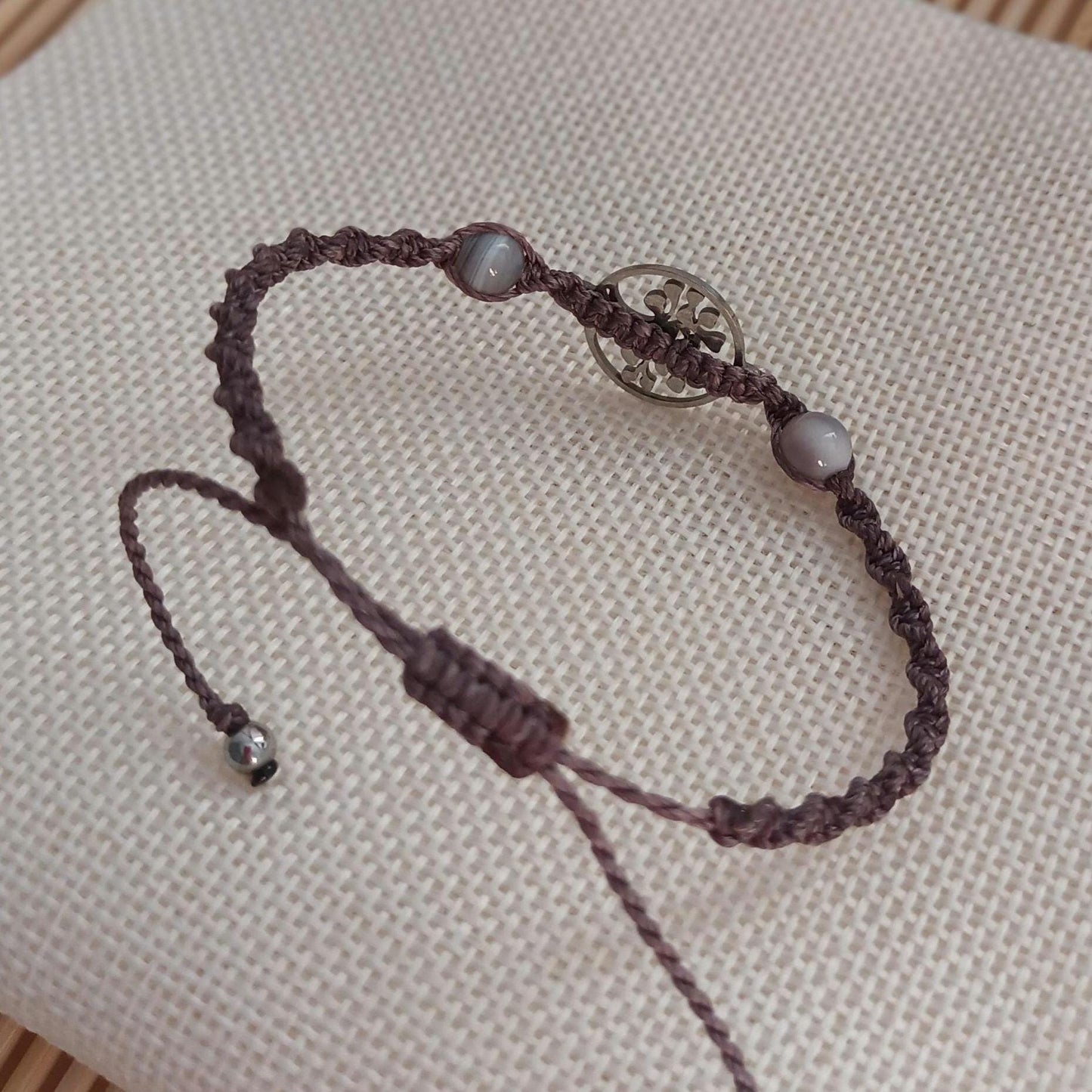 Bracelet micro‑macramé arbre de vie argent – agate Botswana 6 mm – ajustable