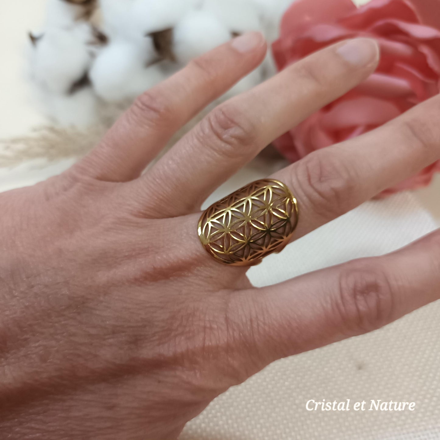 Bague fleur de vie réglable – acier inoxydable doré