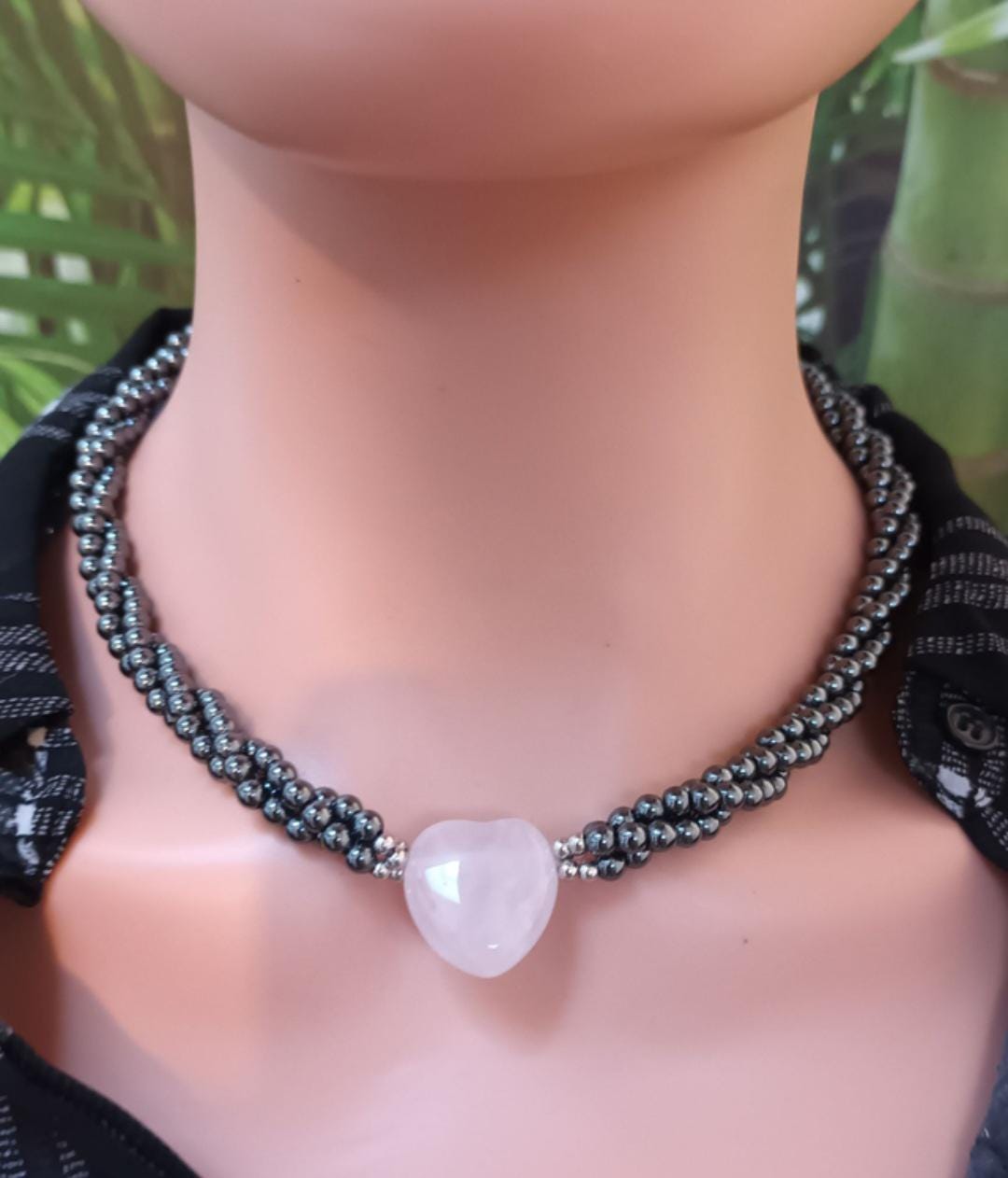 Collier quartz rose et hématite – cœur central – acier inoxydable