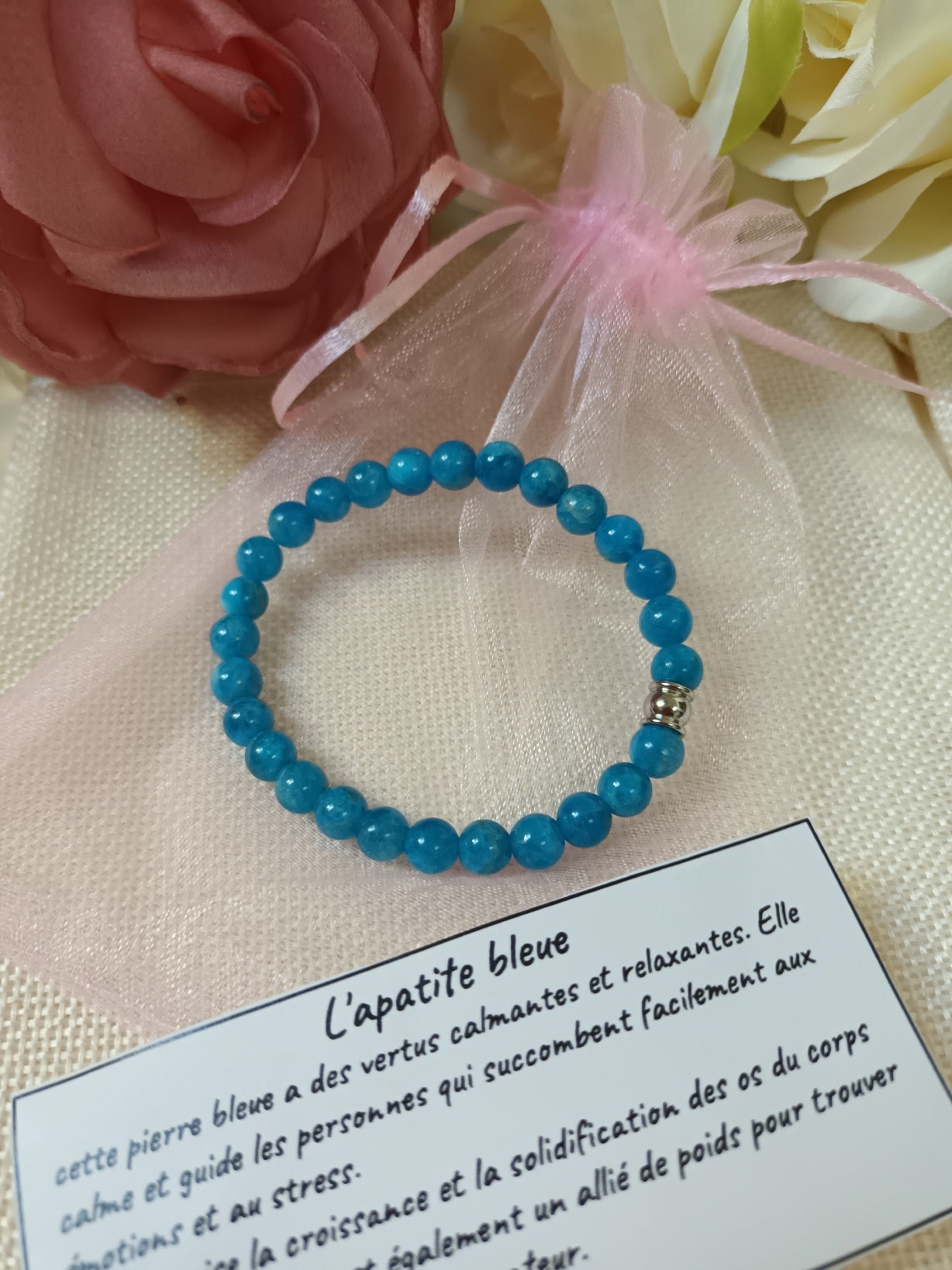 Bracelet apatite bleue 6 mm - perle acier inox- élastique 15.5cm