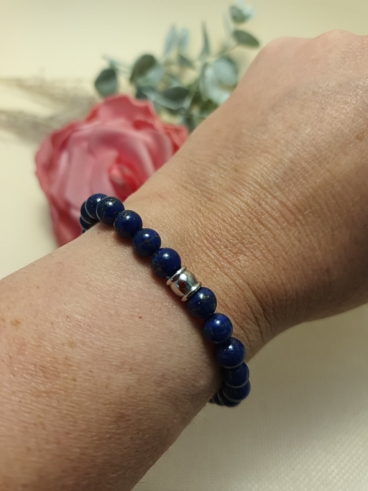Bracelet lapis‑lazuli 6 mm • perle acier inox • élastique 16 cm