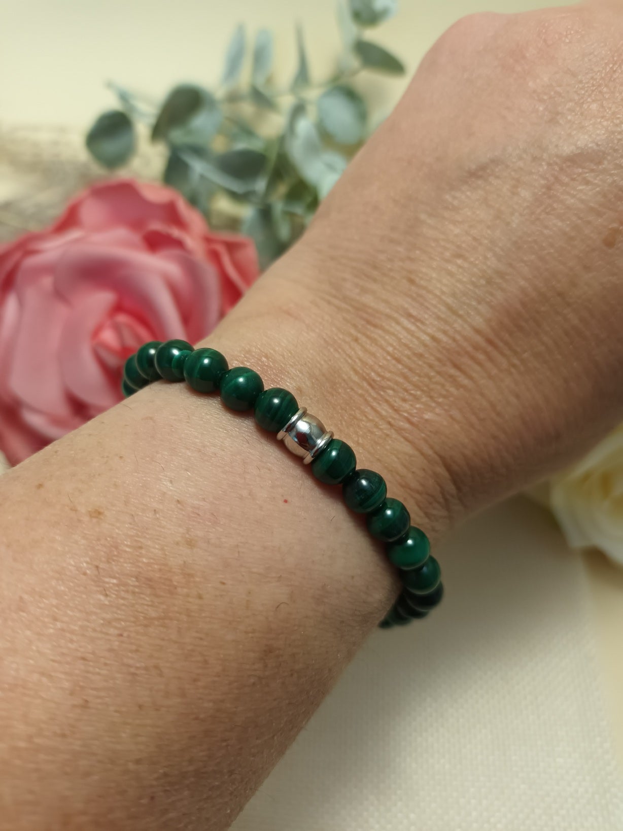 Bracelet malachite 6 mm - perle acier inox - élastique