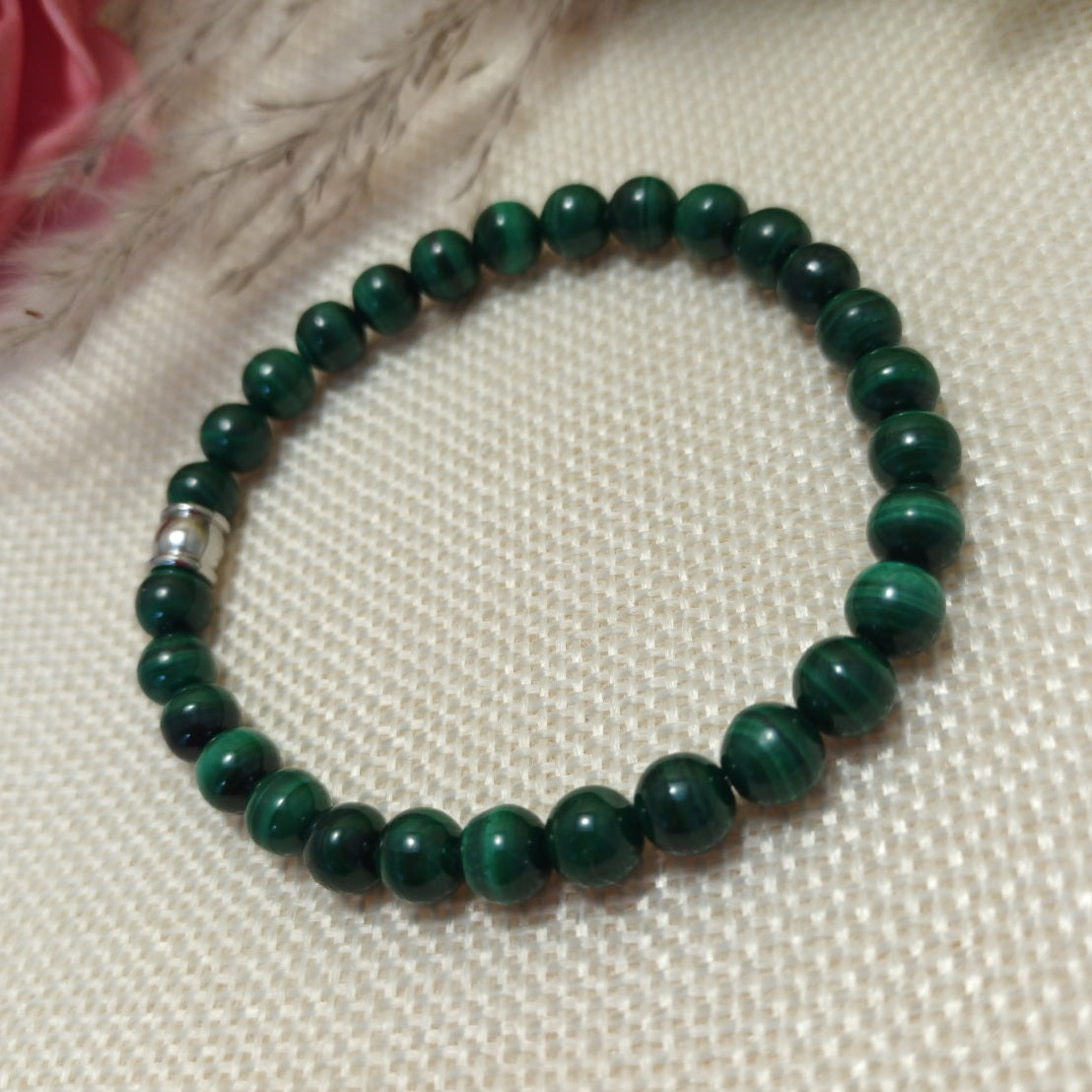 Bracelet malachite 6 mm - perle acier inox - élastique