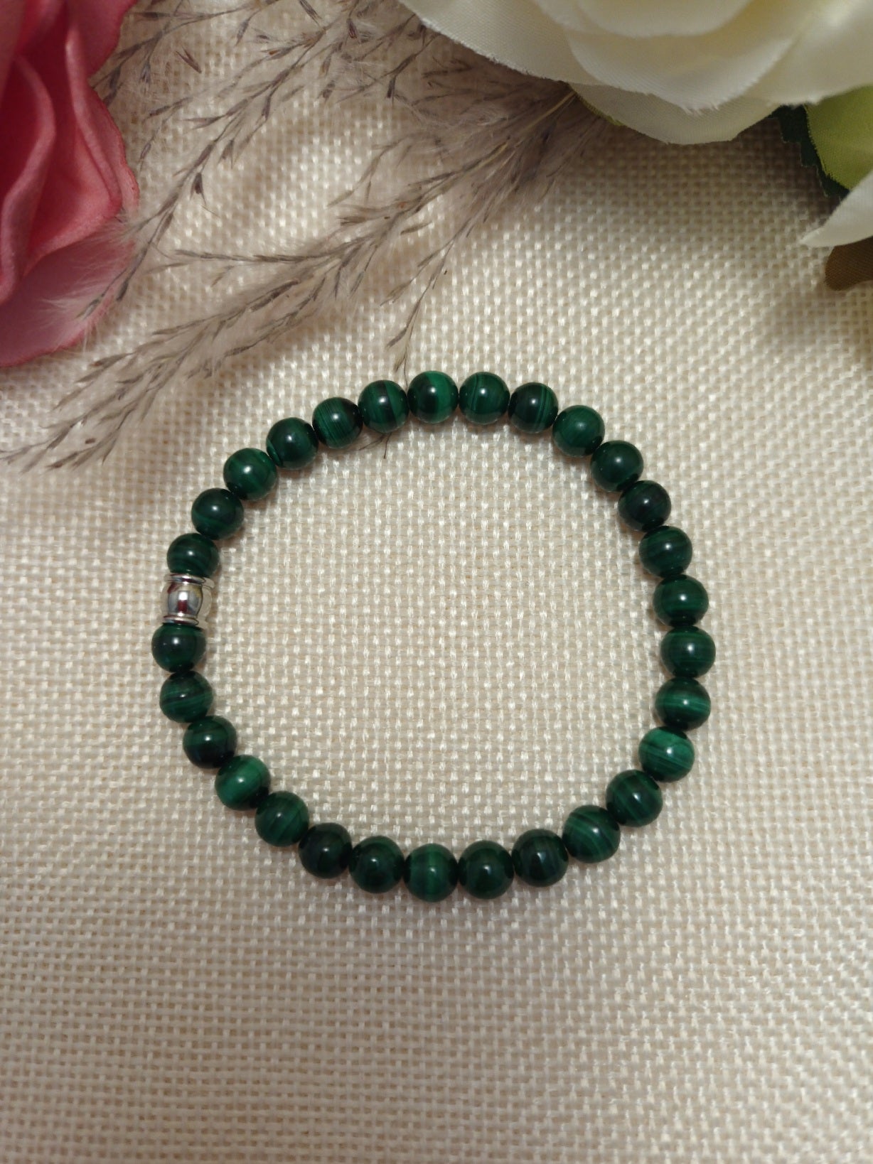 Bracelet malachite 6 mm - perle acier inox - élastique