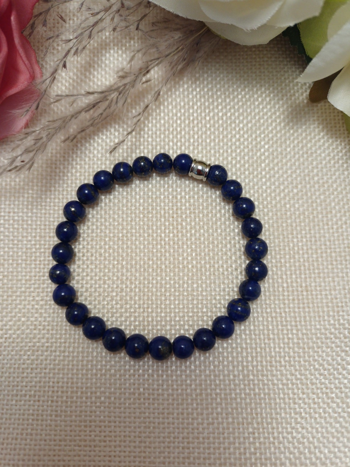 Bracelet lapis‑lazuli 6 mm • perle acier inox • élastique 16 cm