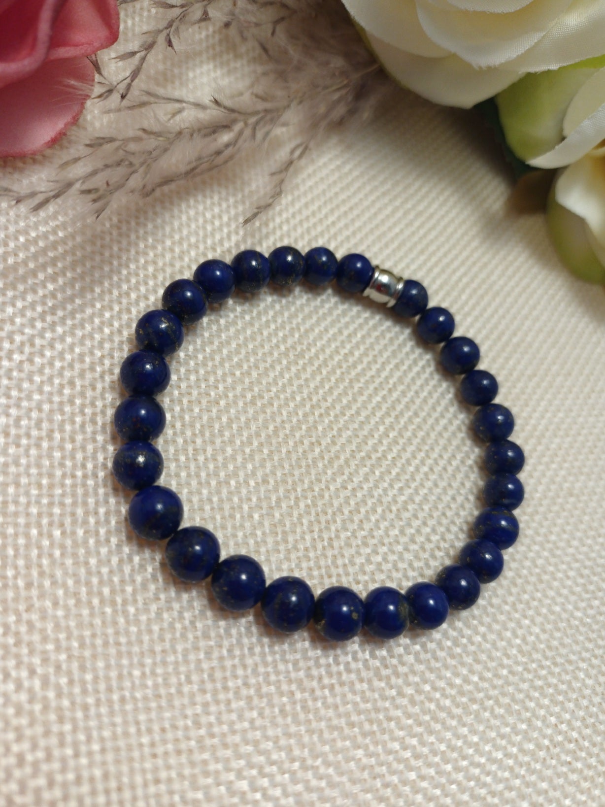Bracelet lapis‑lazuli 6 mm • perle acier inox • élastique 16 cm