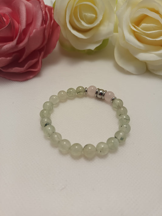 Bracelet préhnite et quartz rose 8 mm - perles acier inox - élastique 15 cm