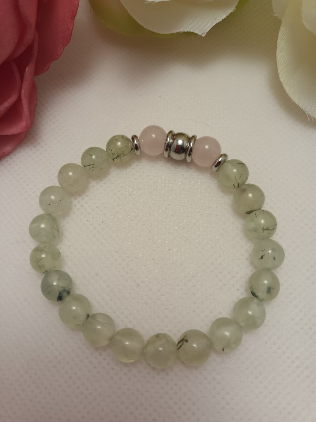Bracelet préhnite et quartz rose 8 mm - perles acier inox - élastique 15 cm