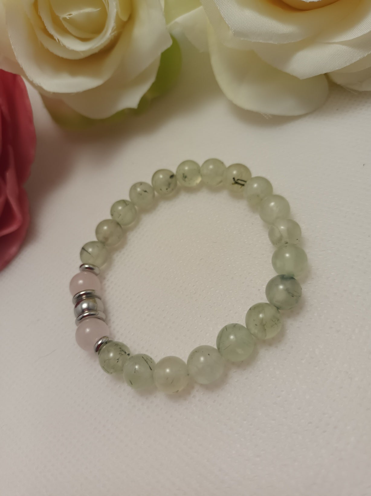 Bracelet préhnite et quartz rose 8 mm - perles acier inox - élastique 15 cm