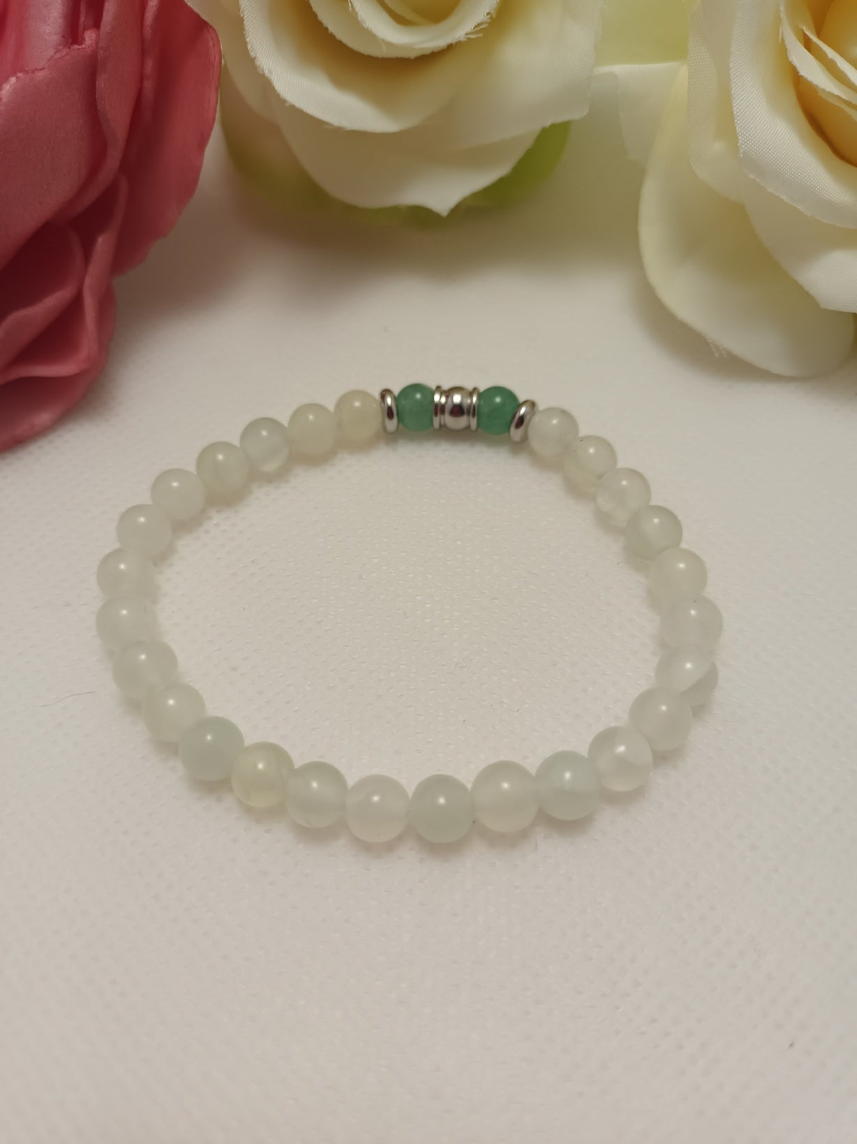 Bracelet jade de Chine et aventurine verte 6 mm - perle acier inox - élastique