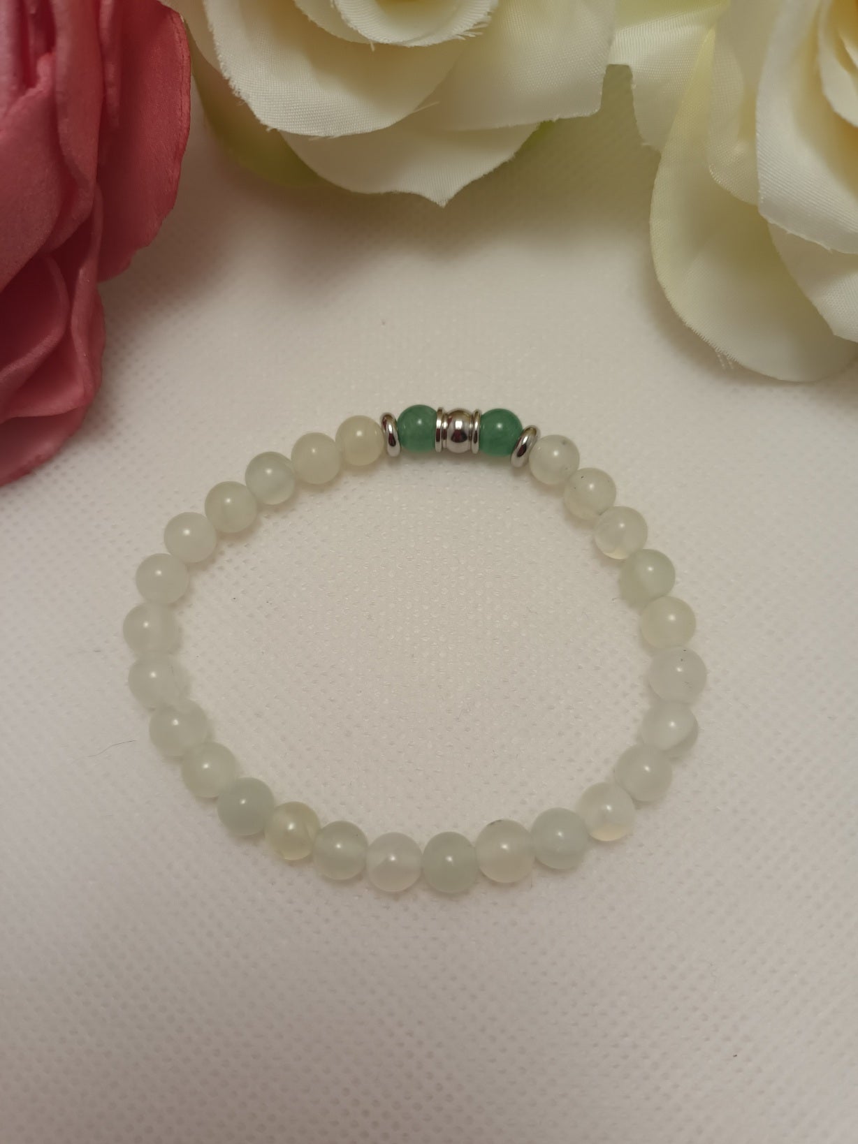 Bracelet jade de Chine et aventurine verte 6 mm - perle acier inox - élastique