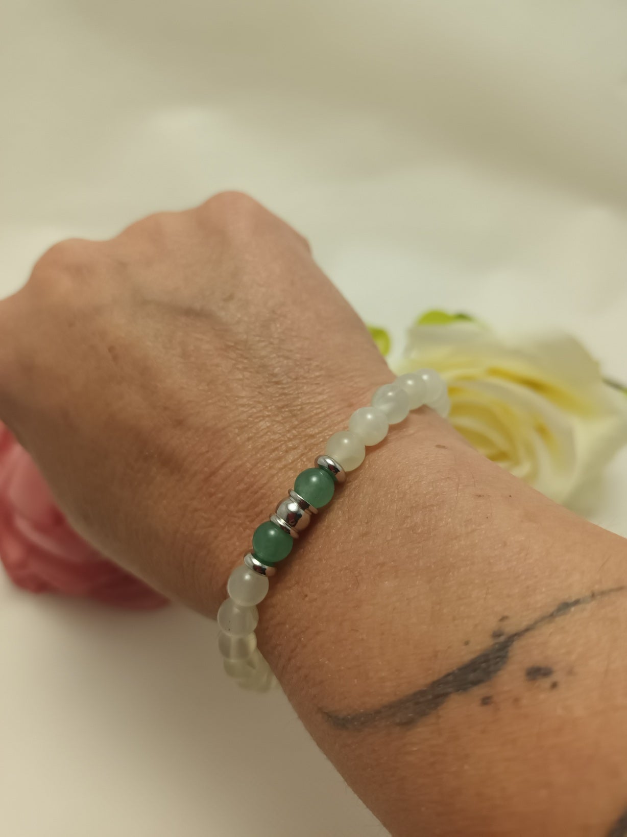 Bracelet jade de Chine et aventurine verte 6 mm - perle acier inox - élastique